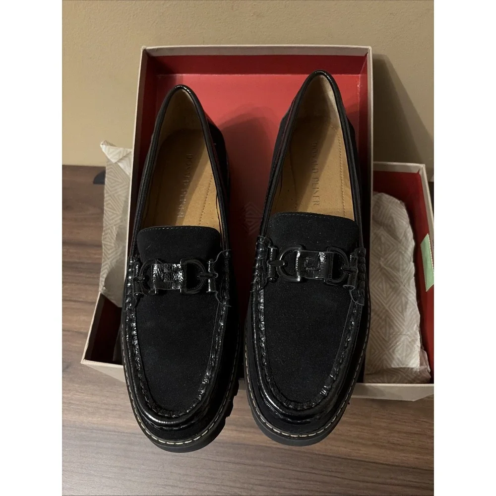 Donald Pliner 10 M Helioc Black Suede Patent Loafers Bit Lug Platform Shoe New